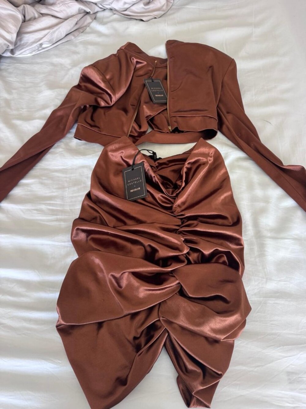 Michael Costello x REVOLVE Brown Satin Zip Top Mini Skirt Set XXS